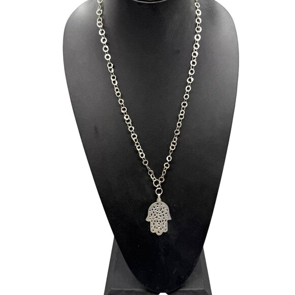 Filigree Hand of Fatima Pendant Chain Necklace Silver Tone Religious - Picture 2 of 7